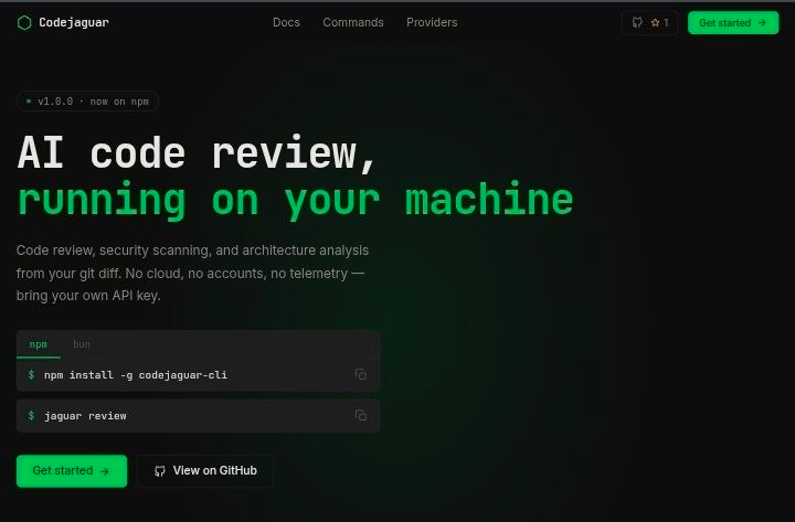CodeJaguar landing page — AI code review running on your machine
