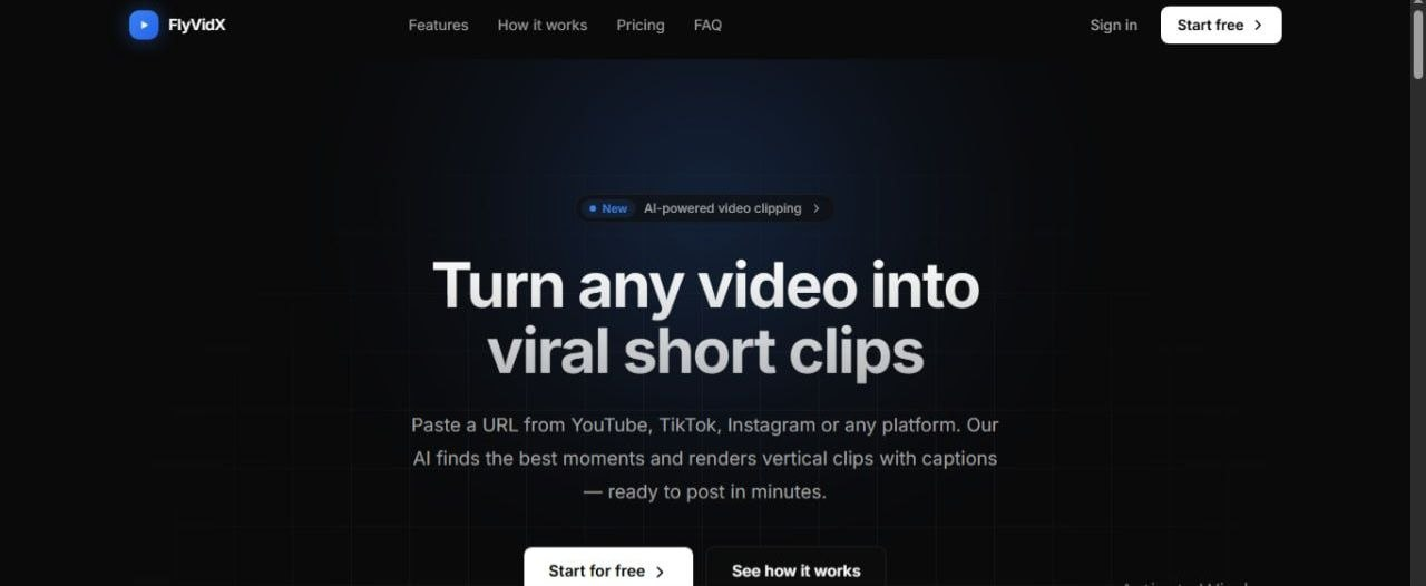 FlyVidX landing page — turn any video into viral short clips with AI