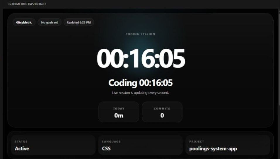 GlixyMetric dashboard — live coding session timer, daily totals, and commit count