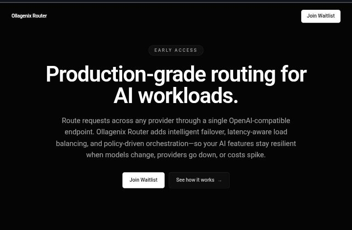 Ollagenix Router landing page — production-grade routing for AI workloads