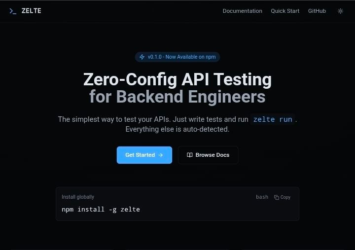 Zelte landing page — zero-config API testing for backend engineers